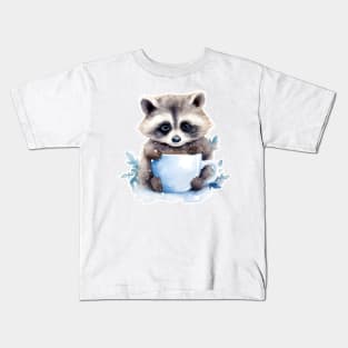 Blue eyes raccoon with a cup of coffee watercolor Kids T-Shirt